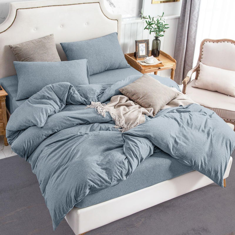 PURE ERA Jersey Knit Duvet Cover Set 100% T-Shirt Cotton Super Soft Comfy 3pc Bedding Set with Zipper Closure (Heather Blueish Grey, Queen) - Image 3
